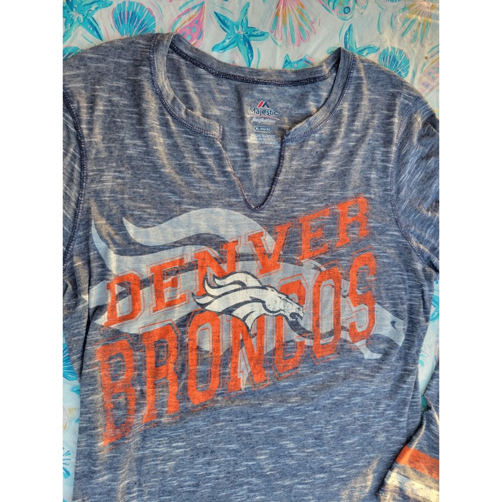 Majestic Denver Broncos Womens XL Navy Blue Space Dye Long Sleeve V-Neck Shirt - Picture 3 of 6
